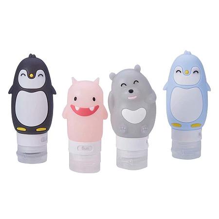 BENECREAT 4 Pack Leak Proof Silicone Travel Bottle(2OZ),TSA Approved - Adorable Penguin, Bear, Monster Silicone Squeeze Liquid Containers