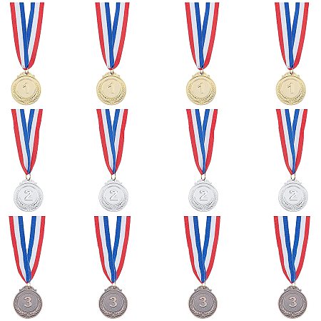 AHANDMAKER 12 Pcs 3 Colors Sport Medals, Gold Silver Bronze Award Medals Olympic Style Winner with Neck Ribbon for Competitions Party Olympic Style