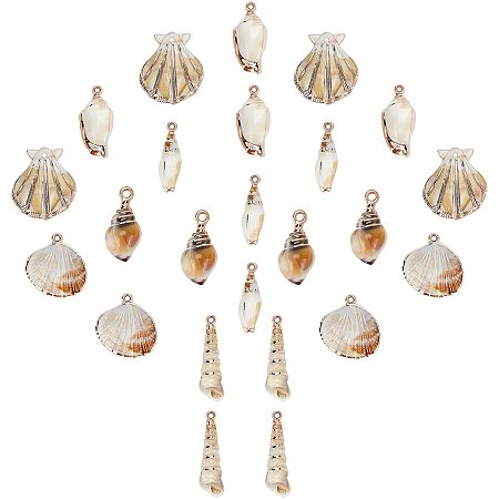 SUNNYCLUE 1 Box 24Pcs 6 Styles Sea Shell Pendants Electroplated Shell Charms Imitation Gemstone Style Spiral Shell Acrylic Charm for Women DIY Earring Necklace Bracelet Jewellery Making
