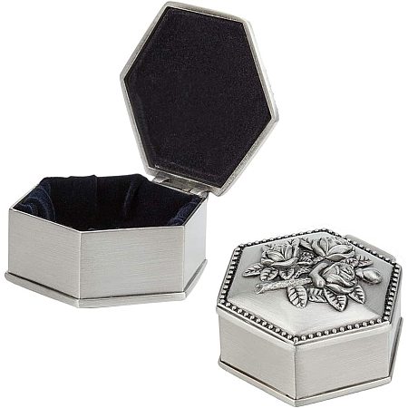 NBEADS 2 Pcs Metal Rose Jewellery Box, Polygon Vintage Alloy Carved Antique Silver Small Trinket Display Storage Case for Ring Earring Necklace