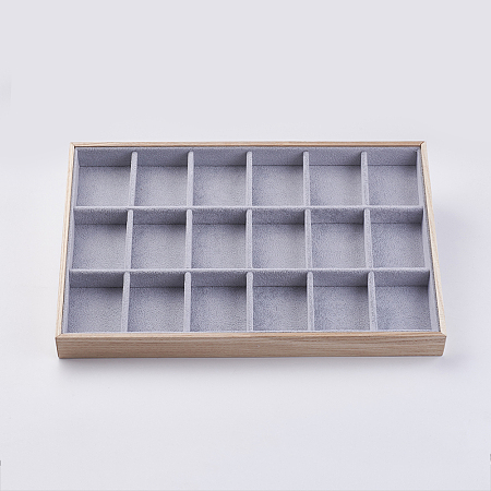 Honeyhandy Cuboid Wood Ornament Displays, Covered with Velvet, 18 Compartments, Light Grey, 35x24 x3.1cm