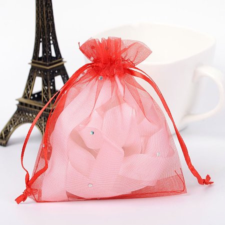 ARRICRAFT 100 Pcs 4x4.7 Inches Red Organza Drawstring Pouches Jewelry Party Wedding Favor Gift Bags with Glitter Powder
