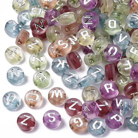 Arricraft Transparent Acrylic Beads, Flat Round with Silver Plated Letter, Mixed Color, 7x4mm, Hole: 1.5mm, about 3700pc/500g