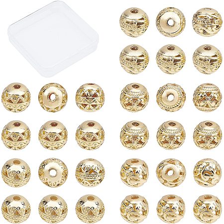 CREATCABIN 1 Box 30Pcs 5 Styles 18K Gold Plated Round Beads 8mm Hollow Filigree Balls Alloy Butterfly Leaf Flower Loose Spacers Disco Charms for DIY Jewelry Making Bracelets Necklaces Findings