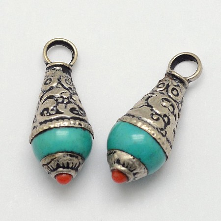 Honeyhandy Brass Drop Pendants, with Resin Synthetic Turquoise and Antique Silver, Medium Turquoise, 26~28x11mm, Hole: 4mm