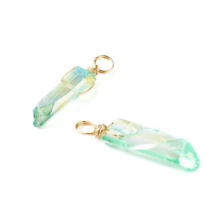 Honeyhandy Electroplated Natural Quartz Pendants, with Real 18K Gold Plated Eco-Friendly Copper Wire, Chip, Light Green, 17~44x3.5~8x3~4mm, Hole: 2~4mm