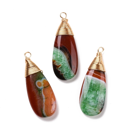 Honeyhandy Natural Brazilian Agate Pendants, with Real 18K Gold Plated Tone Brass Wire Wrapped, Dyed & Heated, Teardrop, Green, 44.7x17x7mm, Hole: 3mm