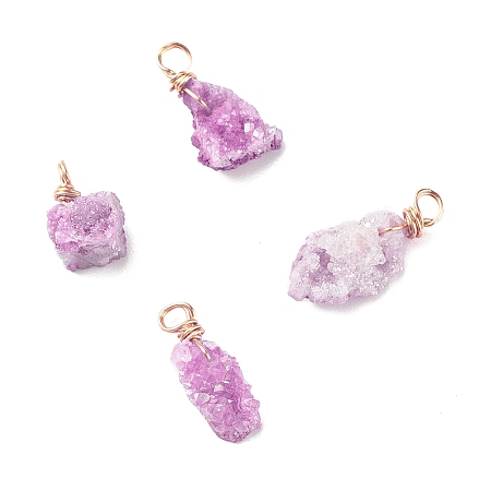 Honeyhandy Natural Crystal Agate Pendants, with Golden Tone Copper Findings, Druzy, Dyed, Nuggest, Violet, 13~32x7~17x6~13mm, Hole: 3mm
