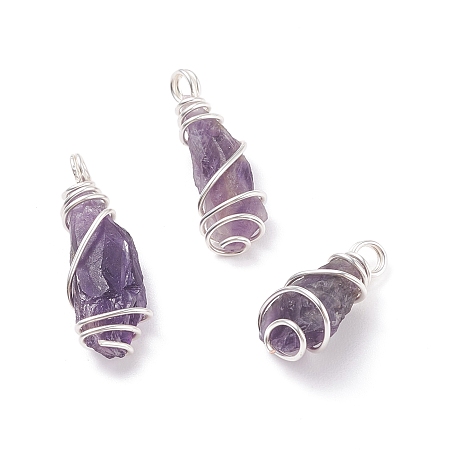 Honeyhandy Rough Natural Amethyst Pendants, with Copper Wire Wrapped, Nuggets, Silver, 21~30x9~12x7~10mm, Hole: 2.5~3.1mm