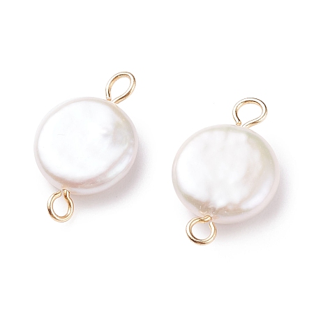 Honeyhandy Natural Baroque Pearl Keshi Pearl Connector Charms, Cultured Freshwater Pearl, with 304 Stainless Steel Double Loops, Flat Round, Floral White, Golden, 19.5x11.5x4.5~5.5mm, Hole: 1.8~2mm