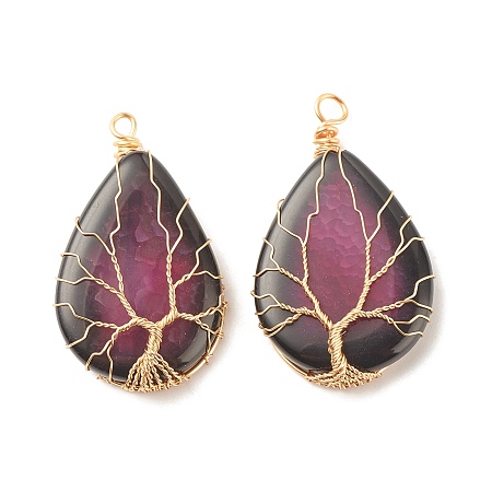 Honeyhandy Natural Crackle Agate Pendants, Dyed, with Golden Tone Eco-Friendly Copper Wire Wrapped, Teardrop with Tree, Orchid, 49~52x31~32x9~11mm, Hole: 3.2~3.8mm