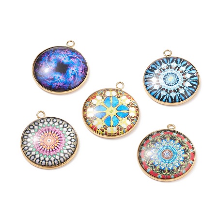 Glass Pendants, with 304 Stainless Steel Pendant Cabochon Setting, Flat Round, Golden, 30x26x6mm, Hole: 2.3mm