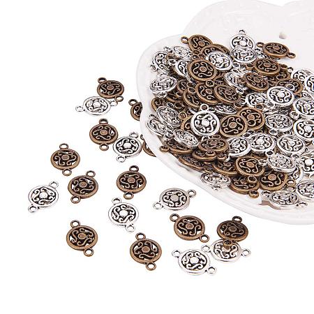 PandaHall Elite 120pcs 2 Colors Tibetan Style 2-Hole Flat Round Alloy Links Chain Connector Findings for Bracelet Jewelry Making, Antique Bronze/Antique Silver