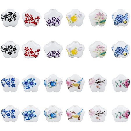 Arricraft 120 Pcs 12 Styles Printed Porcelain Beads, Ceramic Loose Beads, Flower Shape Spacer Beads for Earring Bracelet Necklace Jewelry DIY Craft Making (Hole: 2mm)