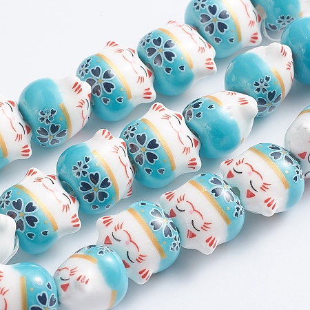 Handmade Printed Porcelain Beads, Lovely Cat, Cyan, 14x14x11.5mm, Hole: 2mm; about 25pcs/Strand, 12.20''(31cm)