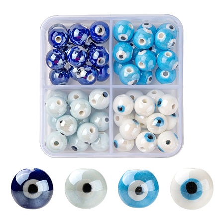 Arricraft 60Pcs 4 Colors Handmade Porcelain Ceramic Beads, Bright Glazed Porcelain, Round with Evil Eye, Mixed Color, 10.5mm, Hole: 1.8mm, 15pcs/color