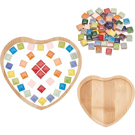 PandaHall Elite Mosaic Tiles with Heart Wooden Coaster, Porcelain Mosaic Pieces Ceramic Coaster for Coaster Handmade Crafts Cup Arts Home Decoration Thanksgiving Gifts