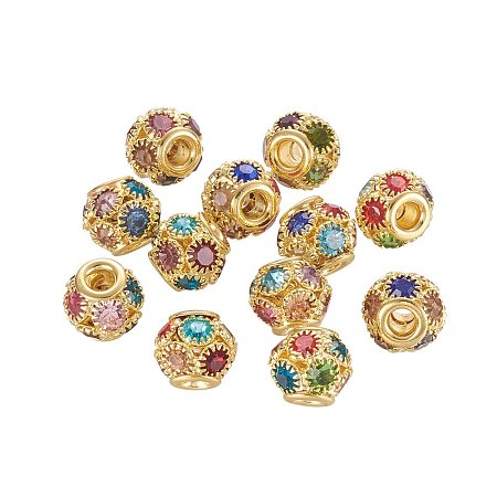 NBEADS 30 Pcs Brass Beads, with Grade A Rhinestone, Rondelle, Golden, Colorful, 10x9mm, Hole: 2.5mm