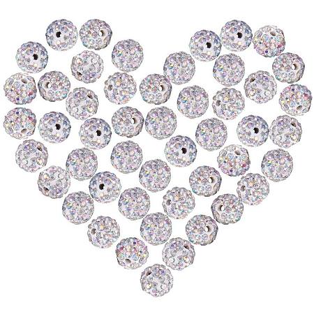 NBEADS 100 Pcs 10mm White Polymer Clay Clear Gemstones Cubic Zirconia CZ Stones Pave Micro Setting Disco Ball Spacer Beads, Round Bracelet Connector Charms Beads for Jewelry Making