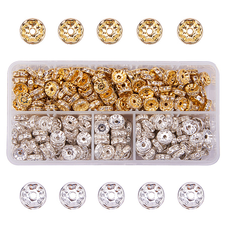 PandaHall Elite 400pcs Brass Rondelle Spacer Beads Round Rondelle Crystal Rhinestone Charms Beads for Jewelry Making (10×4mm, Gold & Silver)