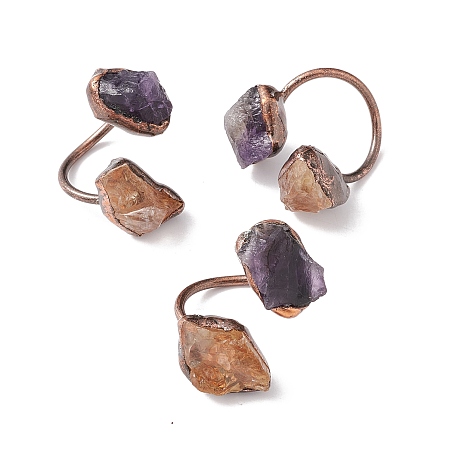 Honeyhandy Natural Citrine & Amethyst Irregular Nugget Open Cuff Ring, Red Copper Brass Chunky Ring for Women, Cadmium Free & Lead Free, US Size 12 3/4(22mm)