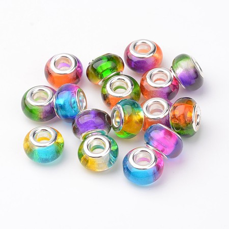Arricraft Handmade Porcelain European Beads, Large Hole Beads, with Nickel Color Brass Double Cores, Rondelle, Mixed Color, Size: about 13mm in diameter, 10mm thick, hole: 5mm