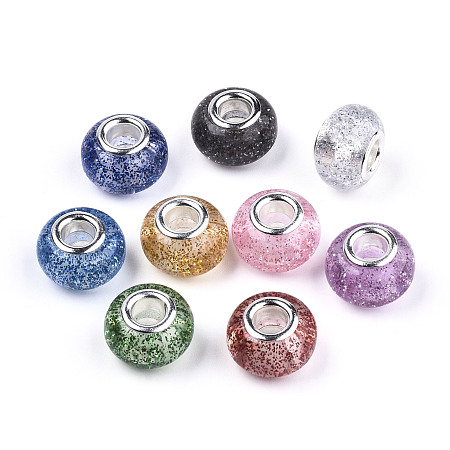 Arricraft Imitation Pearl Style Resin European Beads, Large Hole Rondelle Beads, with Silver Tone Brass Double Cores, Mixed Color, 14x9mm, Hole: 5mm