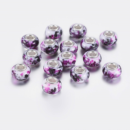 Honeyhandy Large Hole Rondelle Resin European Beads, with Silver Color Plated Brass Cores, Medium Orchid, 14x9mm, Hole: 5mm