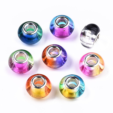 Arricraft Resin European Beads, Large Hole Beads, with Silver Color Plated Brass Cores, Faceted, Rondelle, Large Hole Beads, Mixed Color, 13.5~14.5x9mm, Hole: 5mm