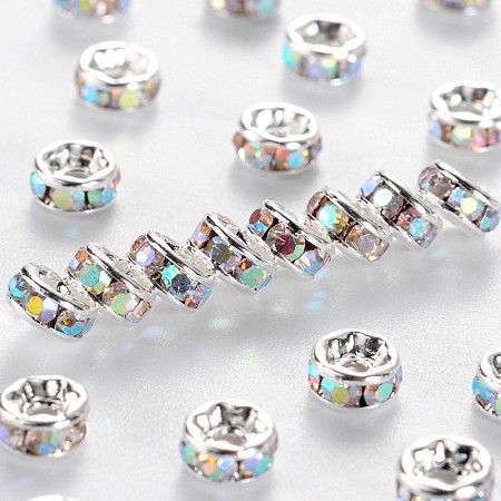Honeyhandy Brass Grade A Rhinestone Spacer Beads, Silver Color Plated, Nickel Free, Crystal AB, 4x2mm, Hole: 0.8mm