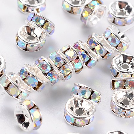 Honeyhandy Brass Rhinestone Spacer Beads, Beads, Grade A, White with AB Color, Clear AB, Silver Color Plated, Nickel Free, Size: about 6mm in diameter, 3mm thick, hole: 1mm