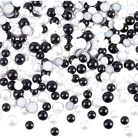 OLYCRAFT 600PCS Half Pearl Beads 3-Size Flat Back Acrylic Faux Round Pearl Cabochons Black White Imitation Pearl Beads for Scrapbook Nail Art Cell Phone Ipad-16mm 14mm 12mm