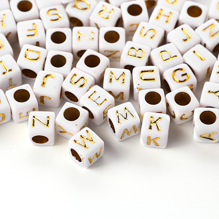 Honeyhandy 156Pcs 26 Style White Plating Acrylic Letters Beads, Metal Enlaced, Cube with Golden Letter, 5.5~6x5.5~6x5.5~6mm, Hole: 3.5mm, 6pcs/Letter