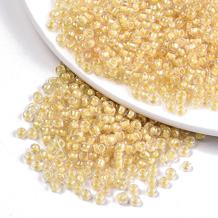 Honeyhandy 12/0 Glass Seed Beads, Transparent Inside Colours Luster, Round Hole, Round, Gold, 12/0, 2~2.5x1.5~2mm, Hole: 0.8mm, about 30000pcs/bag