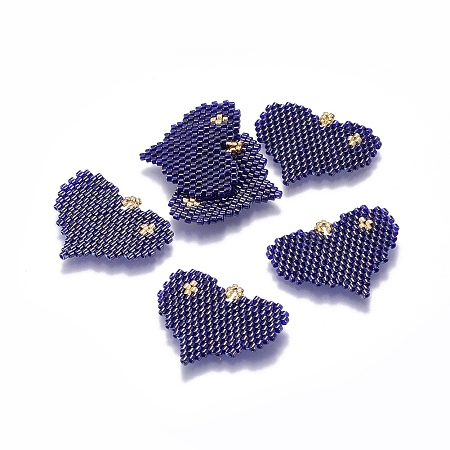 Arricraft Handmade Japanese Seed Beads Pendants, Loom Pattern, Heart, Prussian Blue, 23~24x29~30x1.7mm, Hole: 2mm