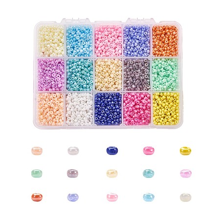 ARRICRAFT 15 Colors Glass Seed Beads, for Jewelry Making & Bead Crafting, Ceylon, Round, Mixed Color, 3mm, Hole: 1mm, about 500pcs/color, about 7500pcs/box