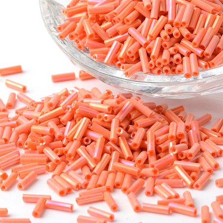 NBEADS 12500pcs/450g Tube Opaque Colours Rainbow Plated Round Hole Glass Bugle Beads, Coral