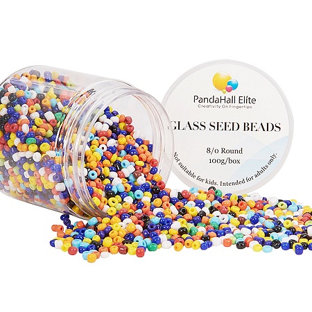 PandaHall Elite 8/0 Glass Seed Beads Multicolor Diameter 3mm Round Pony Bead for Jewelry Making, about 2000pcs/box