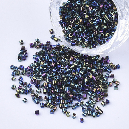 Honeyhandy Electroplate Glass Cylinder Beads, Seed Beads, Round Hole, Iris, Colorful, 1.5~2x1~2mm, Hole: 0.8mm, about 8000pcs/bag, about 85~95g/bag