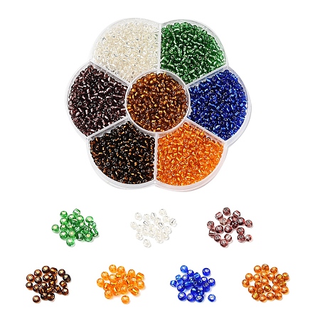 ARRICRAFT 7 Colors Glass Round Seed Beads, Silver Lined Round Hole Beads, Small Craft Beads, for DIY Jewelry Making, Mixed Color, 8/0, 3mm, Hole: 1mm, about 200pcs/color, 1400pcs/box