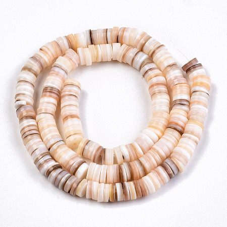 ARRICRAFT Natural Freshwater Shell Beads Strands, Disc/Flat Round, Heishi Beads, Shell Shards, Wheat, 5~6x1.5~3mm, Hole: 0.8mm, about 201pcs/Strand, 11.22 inches(28.5cm)