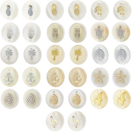 NBEADS 32 Pcs Freshwater Shell Pendants, Flat Round Shell Pendants with 16 Patterns Design Metal Plated for Jewelry Making