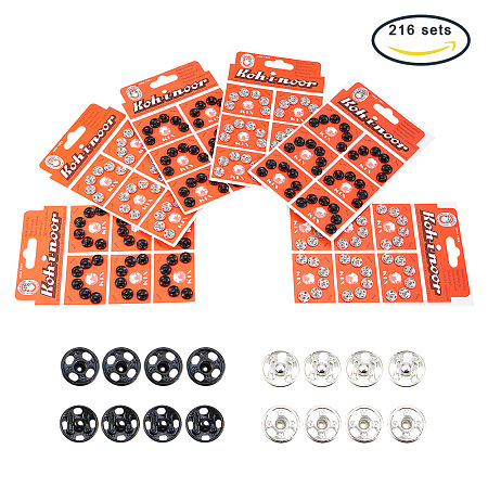 PandaHall Elite 216 Sets Brass Sewing Snaps Fasteners Press Studs Buttons Sew-on Snaps 10mm for Dress Coat Clothing DIY Silver and Black