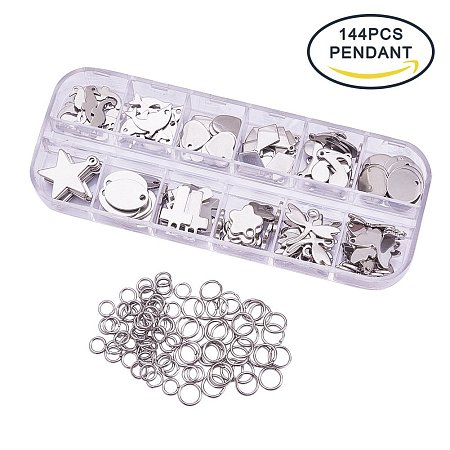BENECREAT 144PCS Stainless Steel Blank Stamping Tag Mixed Shape Charm Pendants and 80PCS Jump Rings for Bracelet Necklace Earring Making