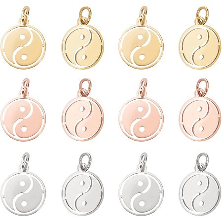 DICOSMETIC 18pcs 3 Colors 12mm Tai Chi Yin Yang Charm 304 Stainless Steel Chinese Taoism Symbol Charms Bagua Charms Flat Round Charms for Necklace Bracelet Jewelry Making,Hole:2.5mm