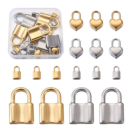 304 Stainless Steel Pendants, Padlock and Heart Lock, Golden & Stainless Steel Color, 31~11x6~20x3~6mm, Hole: 2.5~11mm, 18pcs/box