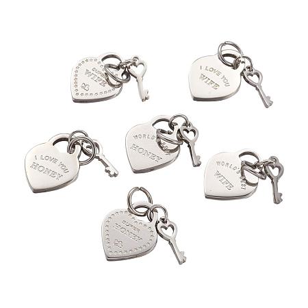 Arricraft 6pcs 6 Style Couple Theme Heart & Key 316 Stainless Steel Pendants with Words for Husband and Wife Jewelry Making Valentine's Day
