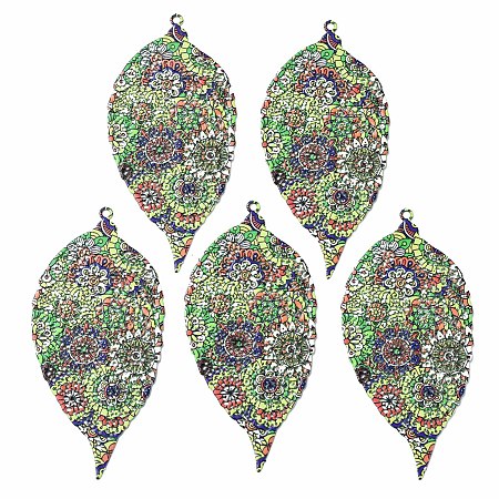 ARRICRAFT 430 Stainless Steel Big Pendants, Spray Painted, Etched Metal Embellishments, with Flower Pattern, Leaf, Lime Green, 64.5x30.5x0.6mm, Hole: 1.6mm