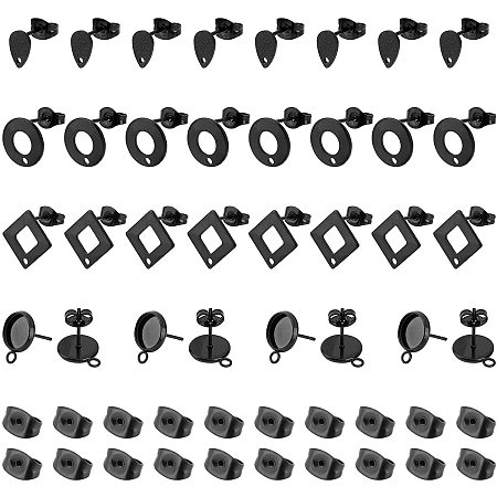 UNICRAFTALE 40pcs 5 Styles Electrophoresis Black Stainless Steel Stud Earring Settings Blank Earring Post with Loop Stud Earring for Dangle Charms with Earring Backs for Jewelry Making 0.8~1.8mm Hole