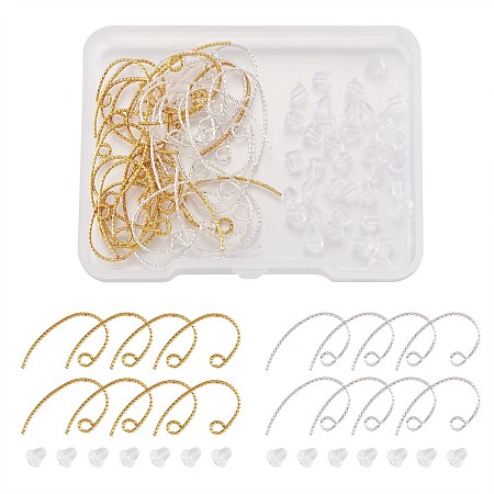 ARRICRAFT Brass Earring Hooks, Ear Wire, Textured, with Plastic Ear Nuts, Mixed Color, 19x12mm, Hole: 2mm, Pin: 0.8mm/4x4mm, Hole: 1mm, 80pcs/box